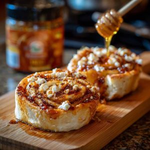 Crispy feta rolls drizzled with chili honey, garnished with herbs and served warm.