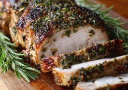 Herb crusted pork loin roast sliced and served with a golden crust and juicy interior.