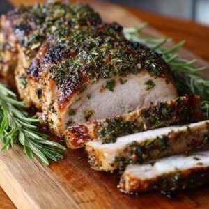 Herb crusted pork loin roast sliced and served with a golden crust and juicy interior.