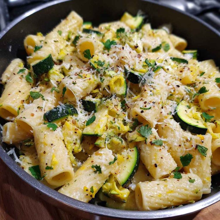 Rigatoni pasta with zucchini, lemon sauce, and Parmesan cheese served in a bowl