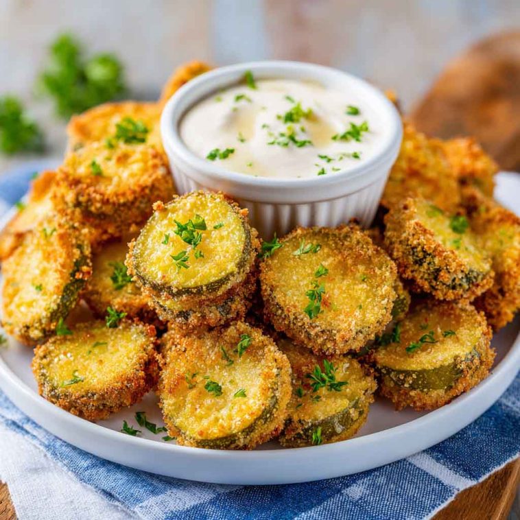 Crispy air fryer fried pickles coated in seasoned breading and served with dipping sauce.