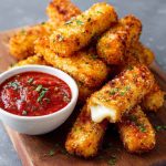 Crispy mozzarella sticks with marinara dipping sauce on a plate