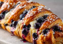 Flaky pastry braid filled with blueberry compote and cream cheese, baked golden and drizzled with icing.