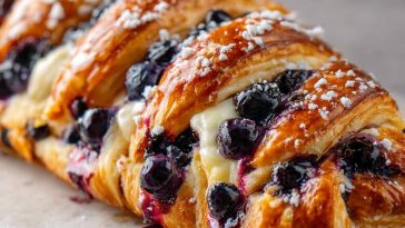 Flaky pastry braid filled with blueberry compote and cream cheese, baked golden and drizzled with icing.