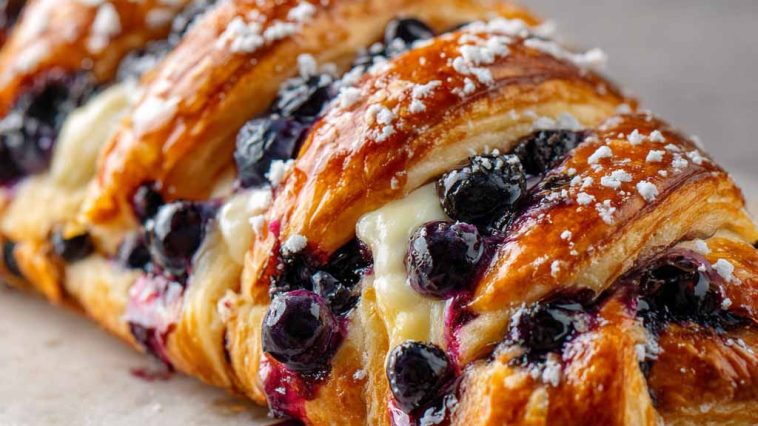 Flaky pastry braid filled with blueberry compote and cream cheese, baked golden and drizzled with icing.