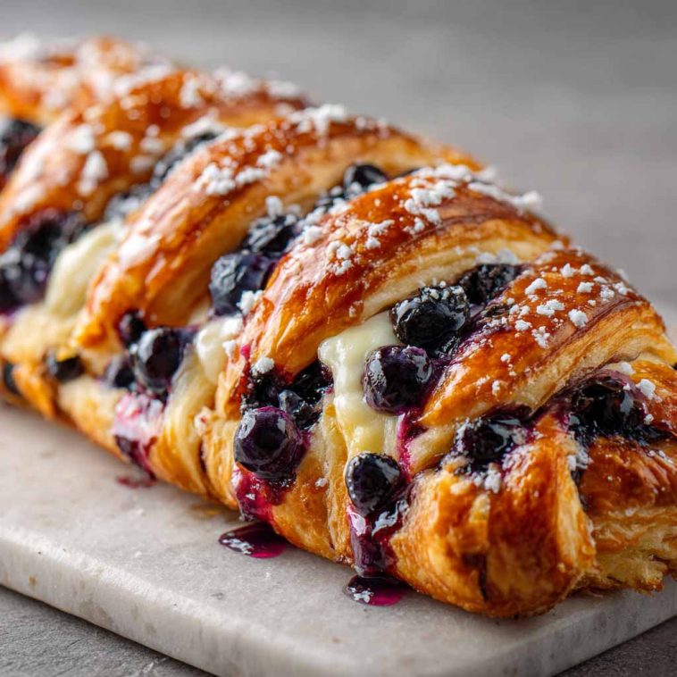 Flaky pastry braid filled with blueberry compote and cream cheese, baked golden and drizzled with icing.