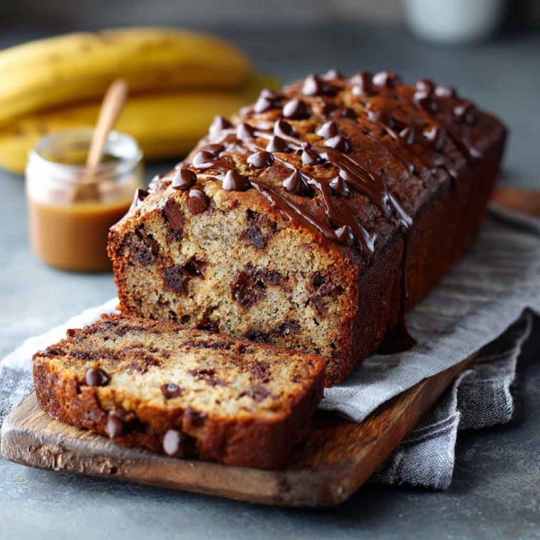 Moist chocolate chip banana bread with sliced bananas and melted chocolate chips throughout.