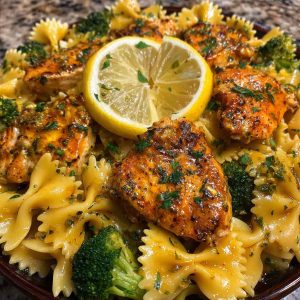 Bowtie pasta with chicken, broccoli, and cowboy butter lemon sauce