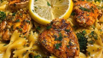 Bowtie pasta with chicken, broccoli, and cowboy butter lemon sauce