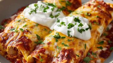 Creamy chicken enchiladas baked with melted cheese and rich sauce in a casserole dish.