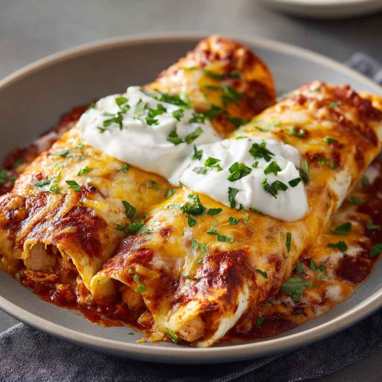 Creamy chicken enchiladas baked with melted cheese and rich sauce in a casserole dish.