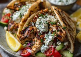 Warm pita bread filled with grilled Greek chicken, fresh vegetables, creamy tzatziki sauce, and garnished with lemon wedges and herbs.