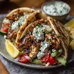 Warm pita bread filled with grilled Greek chicken, fresh vegetables, creamy tzatziki sauce, and garnished with lemon wedges and herbs.