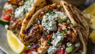 Warm pita bread filled with grilled Greek chicken, fresh vegetables, creamy tzatziki sauce, and garnished with lemon wedges and herbs.