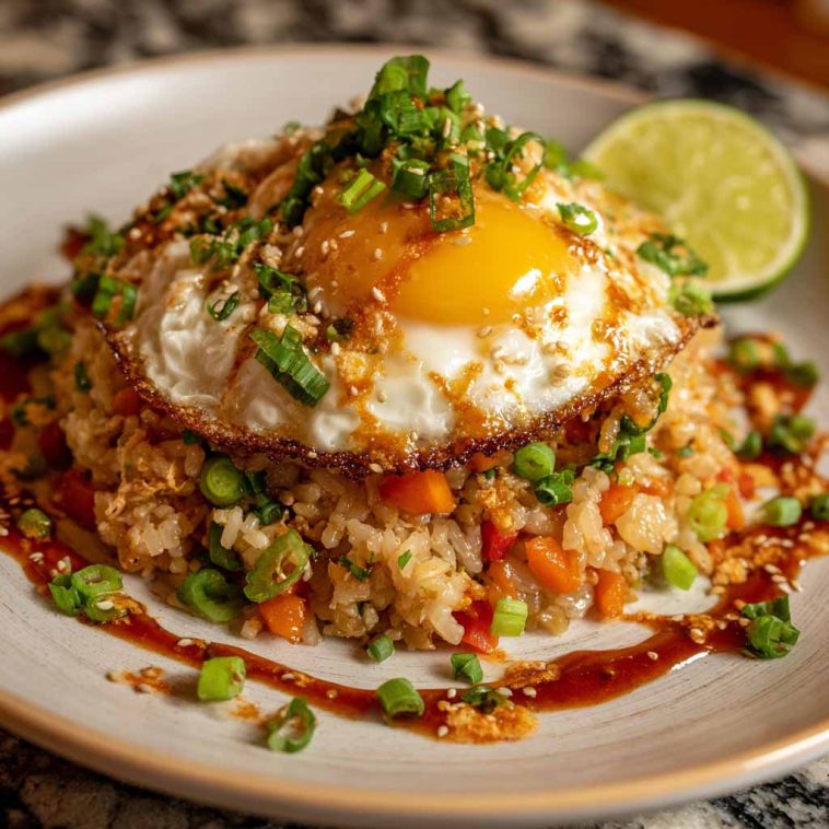 Spicy Bang Bang fried rice tossed in creamy sauce with vegetables and protein.