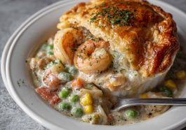 Golden seafood pot pie with creamy filling and flaky crust, rich and comforting.