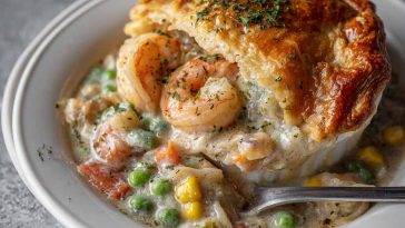 Golden seafood pot pie with creamy filling and flaky crust, rich and comforting.