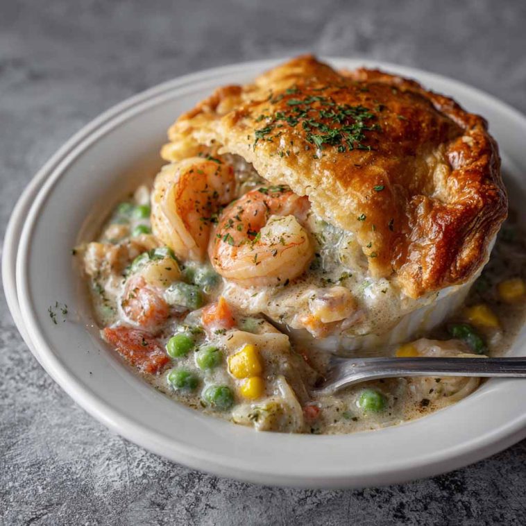 Golden seafood pot pie with creamy filling and flaky crust, rich and comforting.