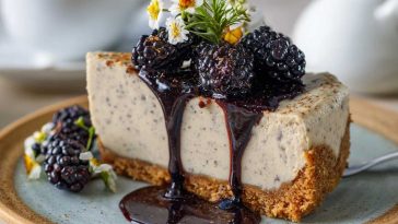 Creamy cheesecake infused with Earl Grey tea and topped with mulberries.