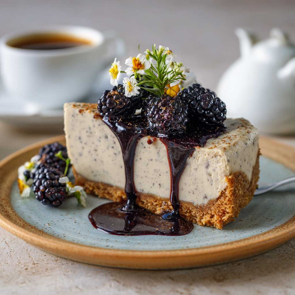 Creamy cheesecake infused with Earl Grey tea and topped with mulberries.