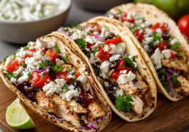 Soft tortillas filled with grilled Mediterranean chicken, fresh vegetables, creamy tzatziki sauce, and garnished with herbs and lemon wedges.