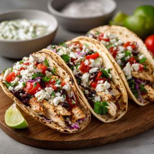 Soft tortillas filled with grilled Mediterranean chicken, fresh vegetables, creamy tzatziki sauce, and garnished with herbs and lemon wedges.