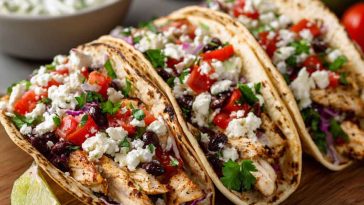 Soft tortillas filled with grilled Mediterranean chicken, fresh vegetables, creamy tzatziki sauce, and garnished with herbs and lemon wedges.