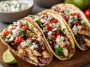 Soft tortillas filled with grilled Mediterranean chicken, fresh vegetables, creamy tzatziki sauce, and garnished with herbs and lemon wedges.