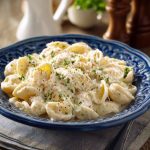 A creamy bowl of fettuccine pasta topped with cottage cheese Alfredo sauce, garnished with fresh parsley and grated Parmesan.