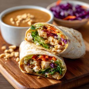 Fresh Thai peanut chicken wraps filled with grilled chicken, crunchy vegetables, and drizzled with creamy peanut sauce, served on a wooden board.