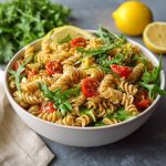 Colorful lemon Dijon pasta salad with fresh vegetables in a bowl.