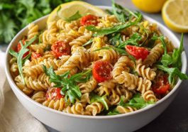 Colorful lemon Dijon pasta salad with fresh vegetables in a bowl.