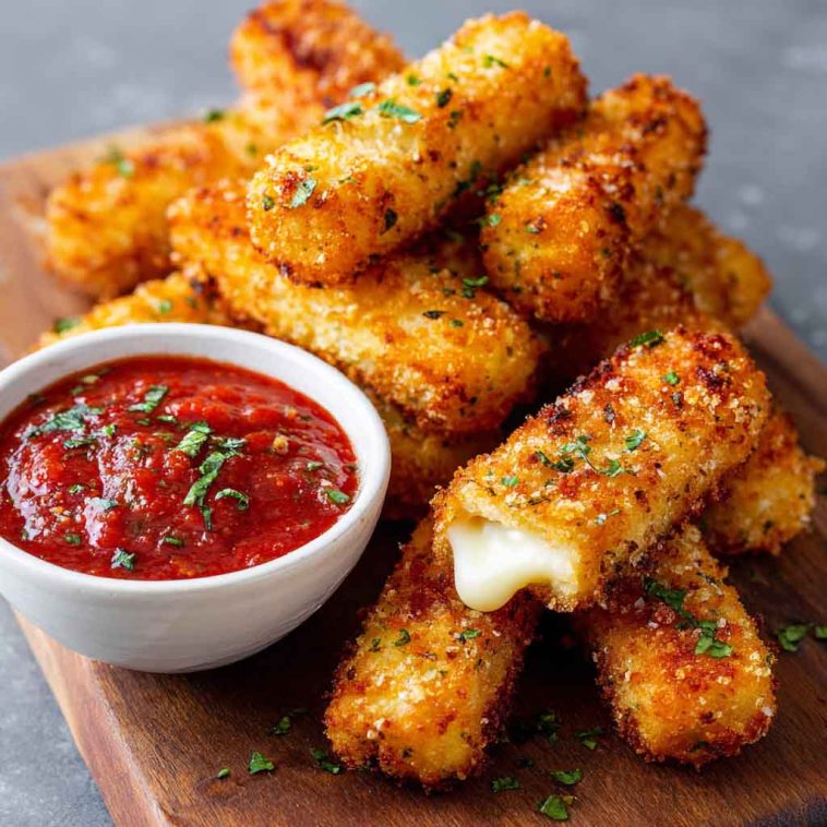 Crispy mozzarella sticks with marinara dipping sauce on a plate