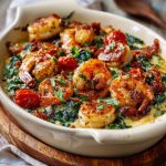 Creamy low-carb shrimp Tuscan bake with garlic, spinach, sun-dried tomatoes, and parmesan cheese baked in a rich, flavorful sauce.