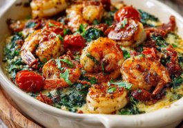 Creamy low-carb shrimp Tuscan bake with garlic, spinach, sun-dried tomatoes, and parmesan cheese baked in a rich, flavorful sauce.