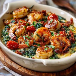 Creamy low-carb shrimp Tuscan bake with garlic, spinach, sun-dried tomatoes, and parmesan cheese baked in a rich, flavorful sauce.