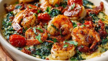 Creamy low-carb shrimp Tuscan bake with garlic, spinach, sun-dried tomatoes, and parmesan cheese baked in a rich, flavorful sauce.