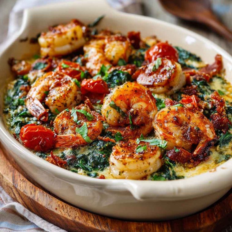 Creamy low-carb shrimp Tuscan bake with garlic, spinach, sun-dried tomatoes, and parmesan cheese baked in a rich, flavorful sauce.