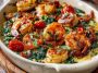 Creamy low-carb shrimp Tuscan bake with garlic, spinach, sun-dried tomatoes, and parmesan cheese baked in a rich, flavorful sauce.