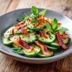 Fresh cucumber salad with crispy bacon slices, herbs, and a light creamy dressing in a bowl.