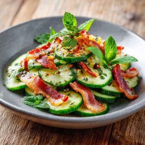 Fresh cucumber salad with crispy bacon slices, herbs, and a light creamy dressing in a bowl.
