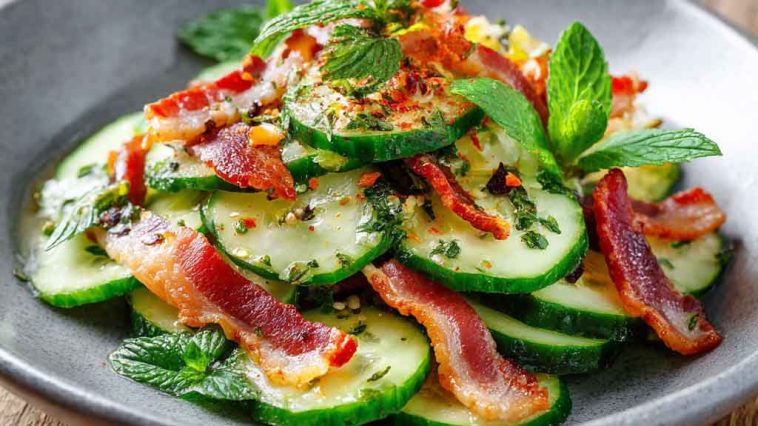 Fresh cucumber salad with crispy bacon slices, herbs, and a light creamy dressing in a bowl.