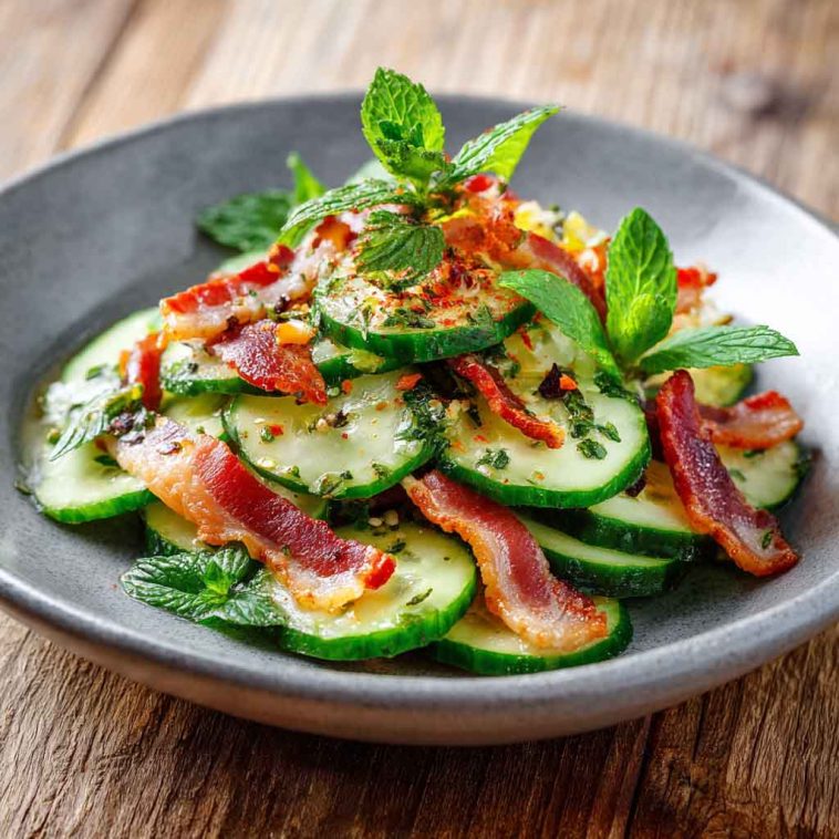 Fresh cucumber salad with crispy bacon slices, herbs, and a light creamy dressing in a bowl.