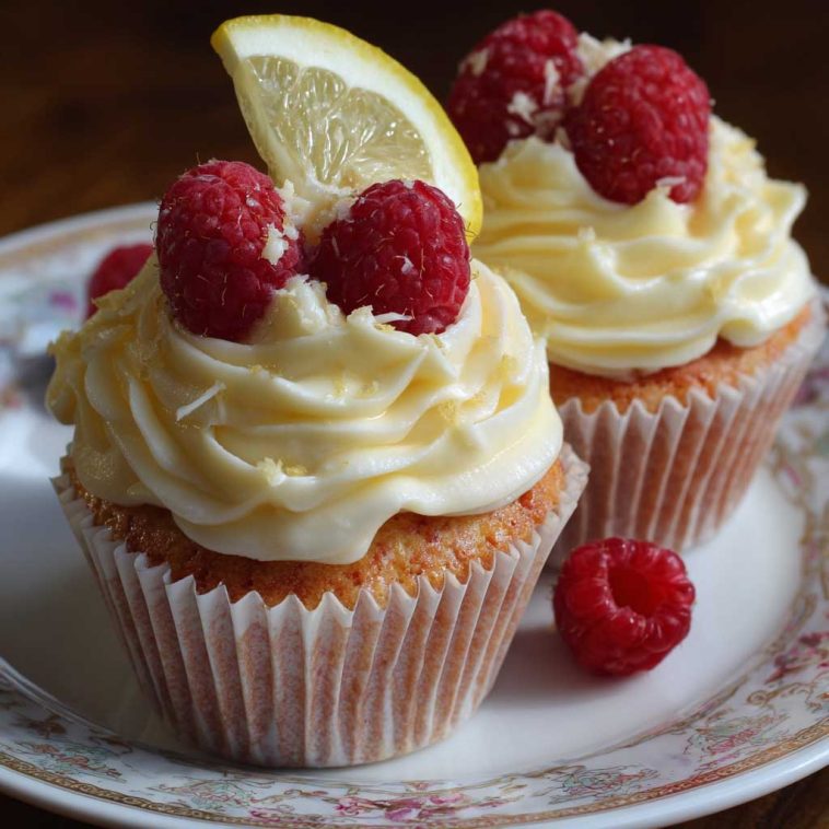 Fluffy raspberry lemon cupcakes topped with creamy frosting, fresh raspberries, and a drizzle of lemon glaze, arranged on a dessert stand.