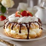 Cream puff cake with a light pastry base, creamy filling, and chocolate drizzle on top.