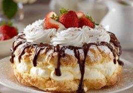 Cream puff cake with a light pastry base, creamy filling, and chocolate drizzle on top.