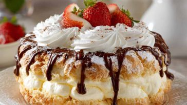 Cream puff cake with a light pastry base, creamy filling, and chocolate drizzle on top.