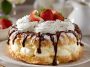 Cream puff cake with a light pastry base, creamy filling, and chocolate drizzle on top.