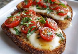 Toasted bread topped with fresh tomatoes, mozzarella cheese, and basil leaves, drizzled with olive oil.
