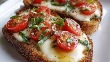 Toasted bread topped with fresh tomatoes, mozzarella cheese, and basil leaves, drizzled with olive oil.